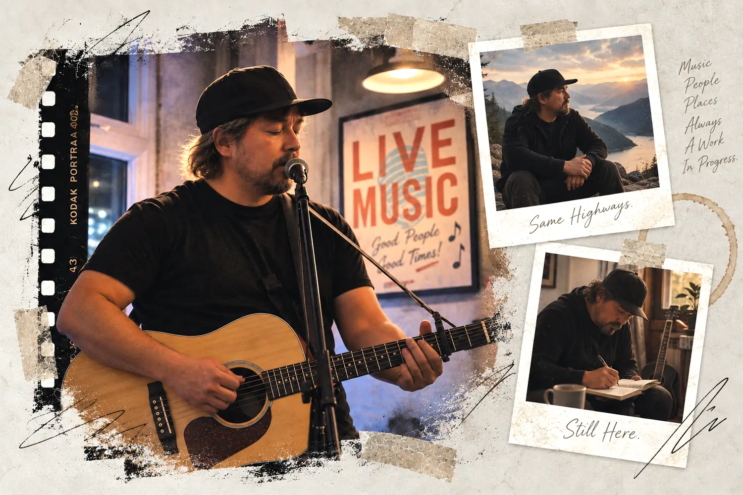 A collage: the artist playing an acoustic guitar under a Live Music sign, with polaroids of him on a mountain overlook and writing at a desk