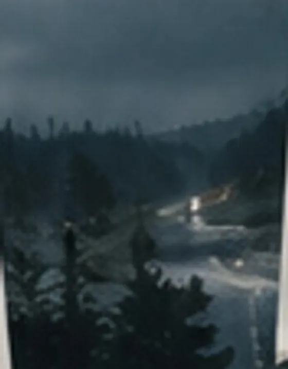 A road curving down through dark forest at dusk